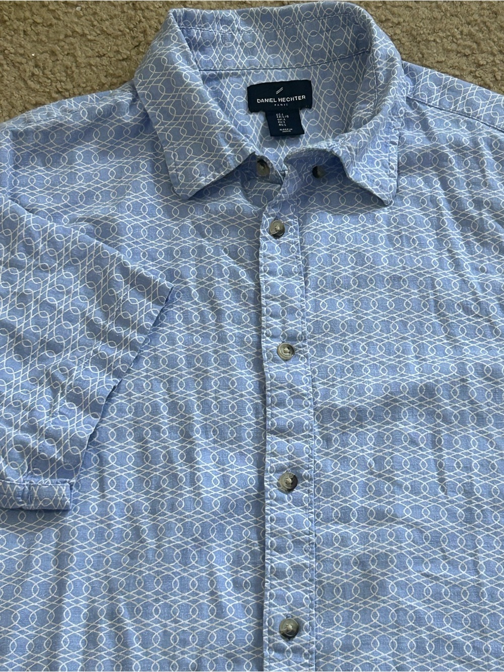 Daniel Hechter Paris Men's Large Linen Blend Blue Geometric Short Sleeve Shirt
